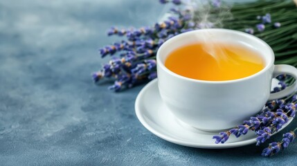 A steaming cup of herbal tea sits beside fresh lavender flowers on a textured blue surface, creating a calming and inviting scene.