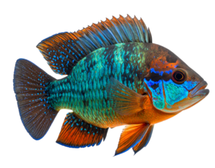 An oscar fish, a tropical Amazon species, swims in its natural habitat, with its detailed fins