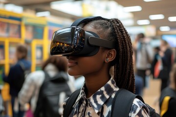 Black female school student wearing VR headset and engaging with AI technology in the classroom, representing a diverse and futuristic educational environment, Generative AI