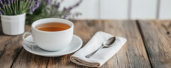 Fototapeta premium A serene tea setting featuring a white cup of tea, a spoon on a napkin, and a hint of lavender in the background, all resting on a rustic wooden surface.