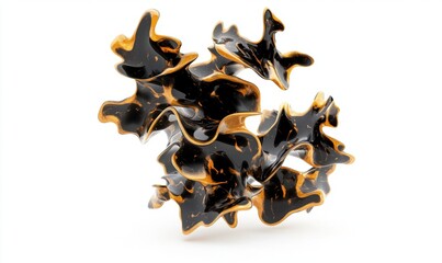 Abstract fluid object with black and bronze tones on a white backdrop