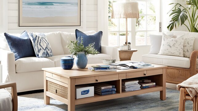 Functional coffee table with built in storage drawers holding magazines and remote controls in a bright family room designed for both style and practical organization