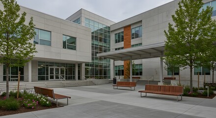 Fototapeta premium Modern light-grey school building with a paved courtyard and benches.
