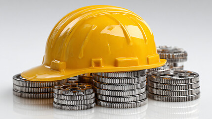 Yellow hardhat resting on stacks of metal gears, industrial concept on white background
