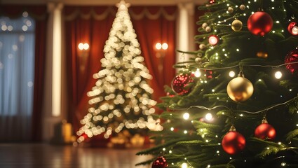 Festive Christmas Decorations: A captivating Christmas scene comes alive with a beautifully adorned fir tree in the foreground, adorned with shimmering lights and ornaments.