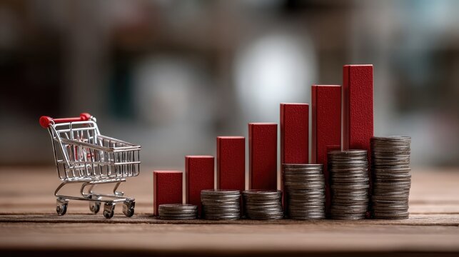 Shopping cart beside rising red graph over stacks of coins