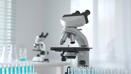 Modern microscopes and test tubes containing blue liquid are arranged on a table in a bright laboratory setting, ready for scientific research and analysis