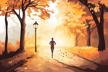 A lone runner enjoys a peaceful jog through a sun-drenched autumnal park path with colorful leaves