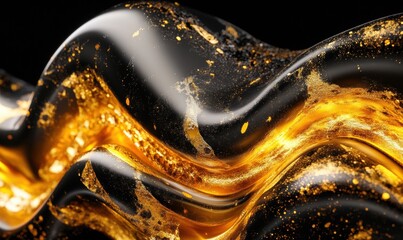 Abstract fluid wave with gold highlights on black background for design