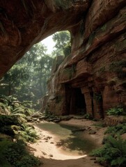 Sunlit, rocky canyon, lush forest