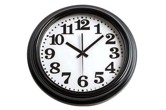 Classic round wall clock with black frame and clear numbers shows time passing swiftly