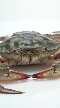 An extreme close-up of a vibrant, wet, raw blue crab with blue legs, powerful claws, and a mottled blue-green iridescent carapace, against a clean white minimalist background. Slow push-in video with