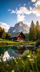 Fototapeta premium Mountain chalet by tranquil lake