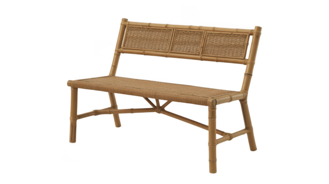 Woven bamboo bench with natural finish isolated on transparent background