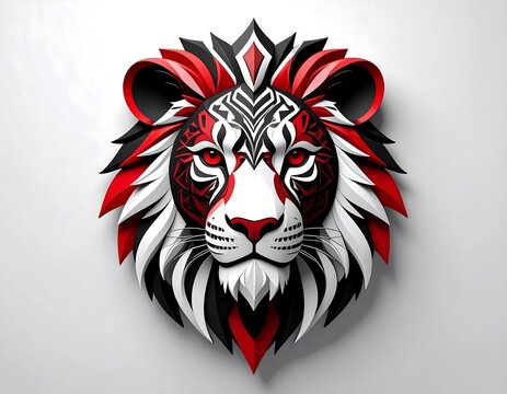 Geometric lion head, red, black, white, stylized mane