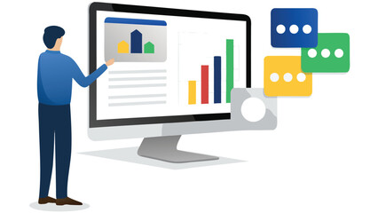 Man presenting data charts and graphs on a large computer screen with message bubbles floating nearby