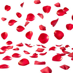 Falling red rose petals isolated on transparent background for romantic occasions