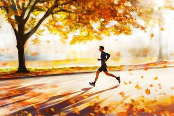 Man jogging along a tree-lined path during autumn with colorful leaves on the ground