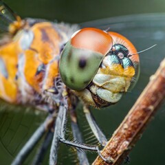 Dragonfly resting on branch showing colorful compound eyes and thorax
