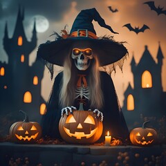 halloween background with pumpkin and bats and witch