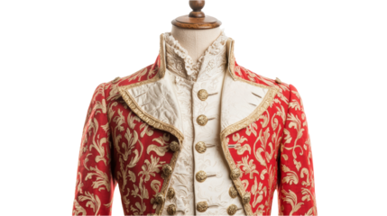 Vintage red and gold embroidered jacket with intricate floral patterns, paired with white waistcoat featuring ornate details, displayed mannequin