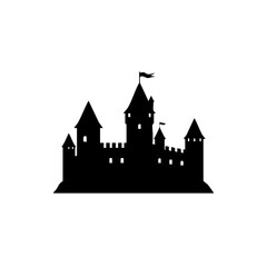 Fototapeta premium Silhouette castle in dark black, standing tall against white background. Silhouette castle is majestic and regal, evoking fairytales. Silhouette castle symbolizes strength, history,