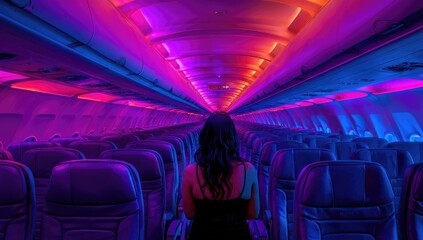 Empty airplane aisle, vibrant neon lights