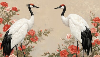 Fototapeta premium Two elegant Japanese cranes stand in vibrant red flowers. Illustration features seamless oriental floral pattern with white birds, blooming peonies. Artwork combines traditional Asian art styles with