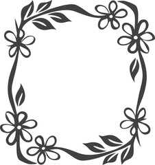 Floral frame with decorative leaves and flowers, border frame in vintage line art style, elegant nature-inspired ornament for greeting card, wedding invitation, or certificate design