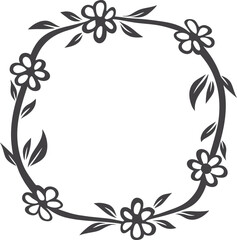 Floral frame with decorative leaves and flowers, border frame in vintage line art style, elegant nature-inspired ornament for greeting card, wedding invitation, or certificate design