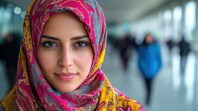 Close-up portrait of a woman in a patterned headscarf