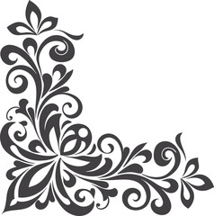 Floral ornament style corner element for frame and page decoration, elegant black vector illustration, vintage botanical swirl design for invitations, certificates, and decorative borders