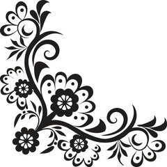 Floral ornament style corner element for frame and page decoration, elegant black vector illustration, vintage botanical swirl design for invitations, certificates, and decorative borders