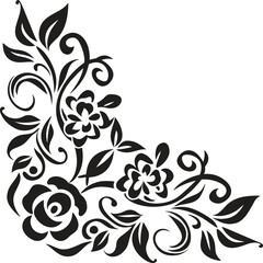 Floral ornament style corner element for frame and page decoration, elegant black vector illustration, vintage botanical swirl design for invitations, certificates, and decorative borders