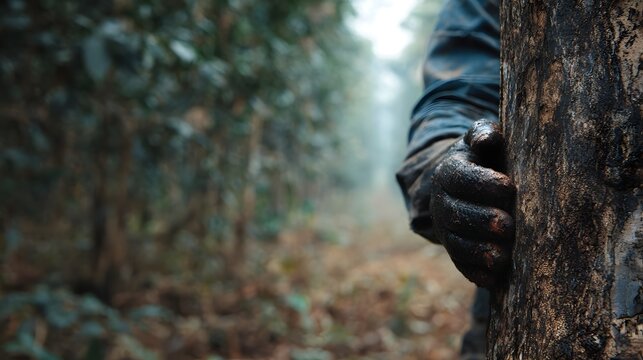A person s gloved hand gripping the bark of a tree in a forest plantation