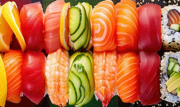 Colorful sushi and maki rolls close up food photography concept