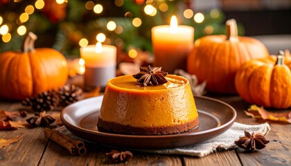 Naklejka premium キャンドルに照らされたかぼちゃプリンの秋カフェ