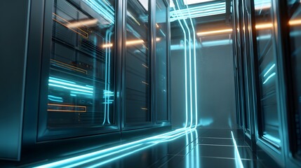 Obraz premium Futuristic Data Center Interior with Glowing Blue Lines and Modern Architectural Design