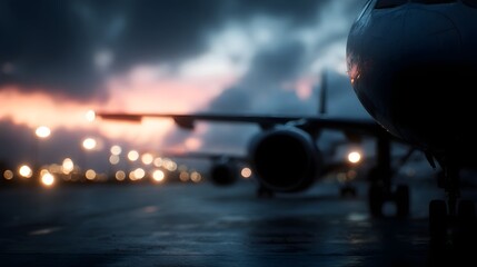 Cargo planes lined up at airport cargo terminal under dramatic night lighting