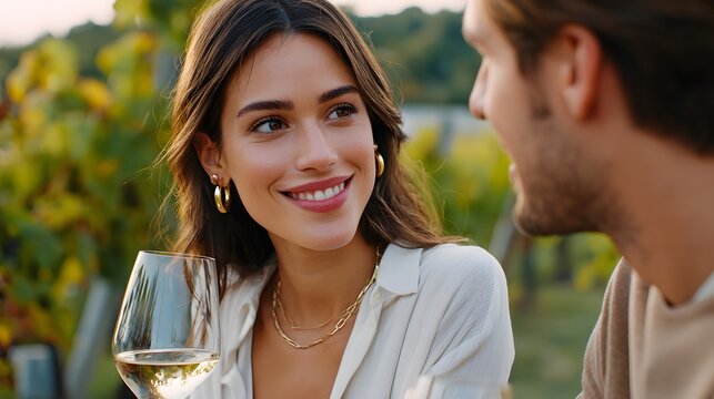 Smiling Young Woman Enjoying A Wine Conversation with A Man in A Vineyard During Sunset