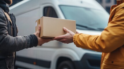 A person hands over a package to another in front of a delivery van, highlighting the theme of courier services and convenient shipping.