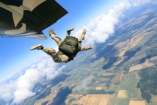 Military Soldier Jumps From Airplane Performing Freefall Above Ground