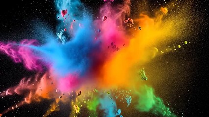 Dynamic Rainbow Powder Explosion Bursting with Vibrant Colors on Black Background - Powered by Adobe