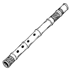Detailed line art drawing of a Shakuhachi, traditional Japanese flute, is presented. Shakuhachi displays meticulous detailing from end to end with precision, showcasing its unique design.