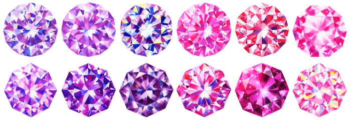 カラフルな宝石の水彩ベクターイラストセット / ダイヤモンド/ ピンク / パープル