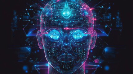 Futuristic robotic head with glowing circuits and digital data streams.