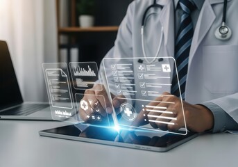 Photo of doctor using advanced digital technology and holographic interface on tablet for medical data analysis and patient care in futuristic healthcare setting