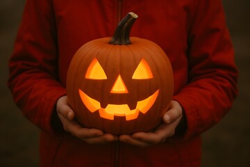 Celebrating Halloween with a colorful carved pumpkin held in hands against a dark background