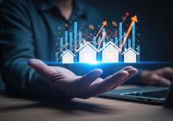 Photo of real estate market growth concept with upward trending graph and houses displayed over a persons open hand