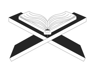Open Quran on Rehal stand 2D line object. Islamic book. Scripture recitation. Muslim reading. Religious study. Spiritual practice isolated clipart vector ink outline item. Monochrome spot illustration